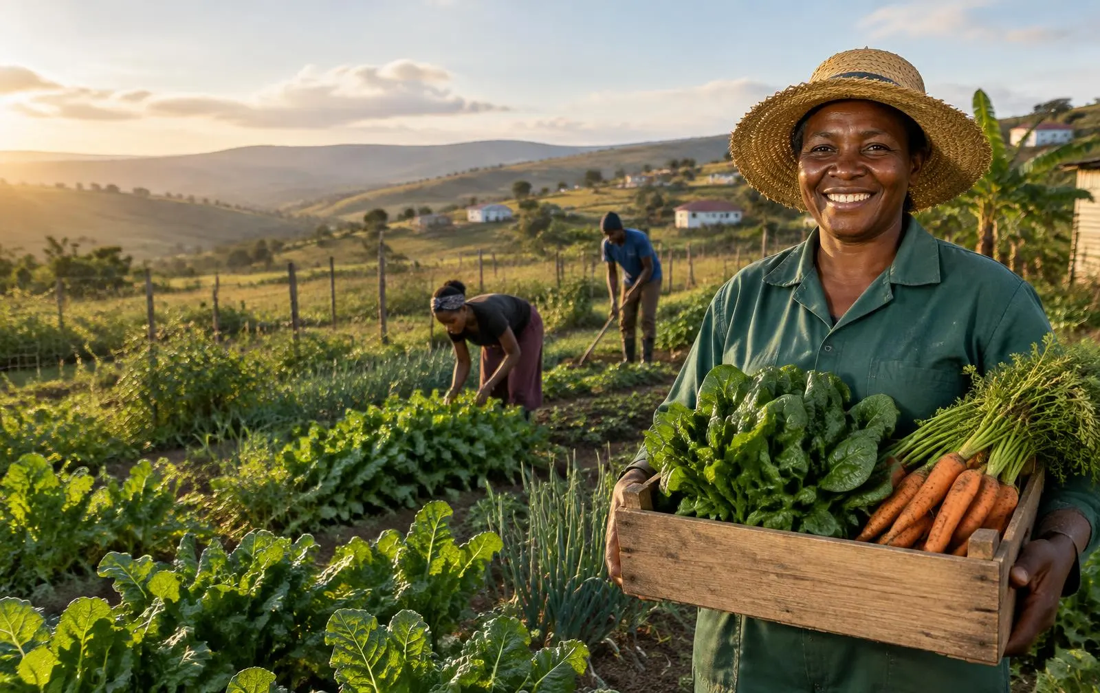 Illustrative South African smallholder harvesting vegetables with community growers