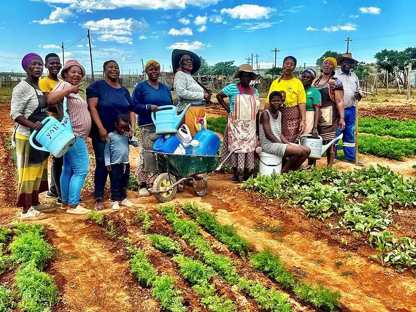 Community farming group with watering cans and wheelbarrows beside vegetable beds