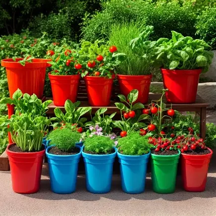 Vegetables and herbs growing in colourful buckets