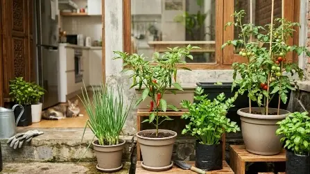 Potted herbs and vegetables by a kitchen door