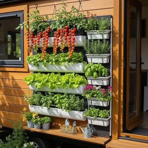 Vertical planters with vegetables mounted on a wall
